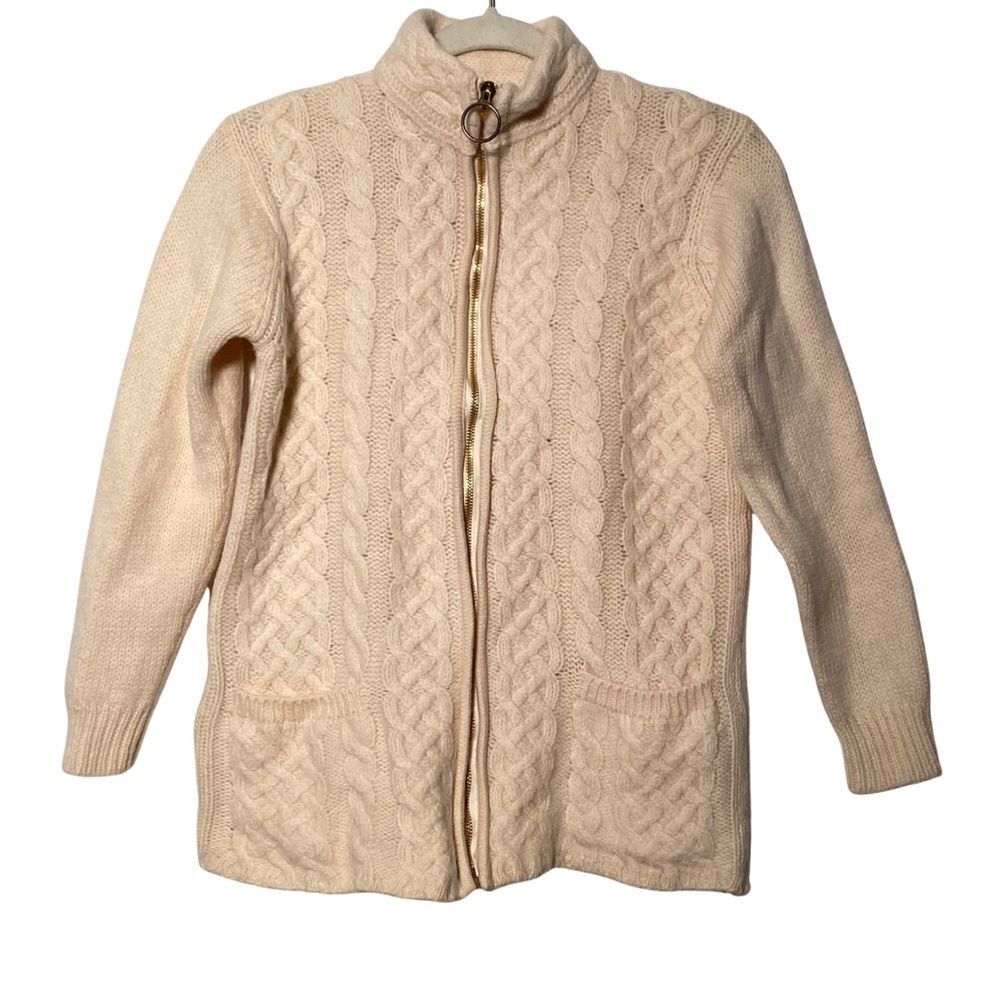Vintage Fisherman Cable Knit Wool Zip Cardigan Ivory 70s M Small